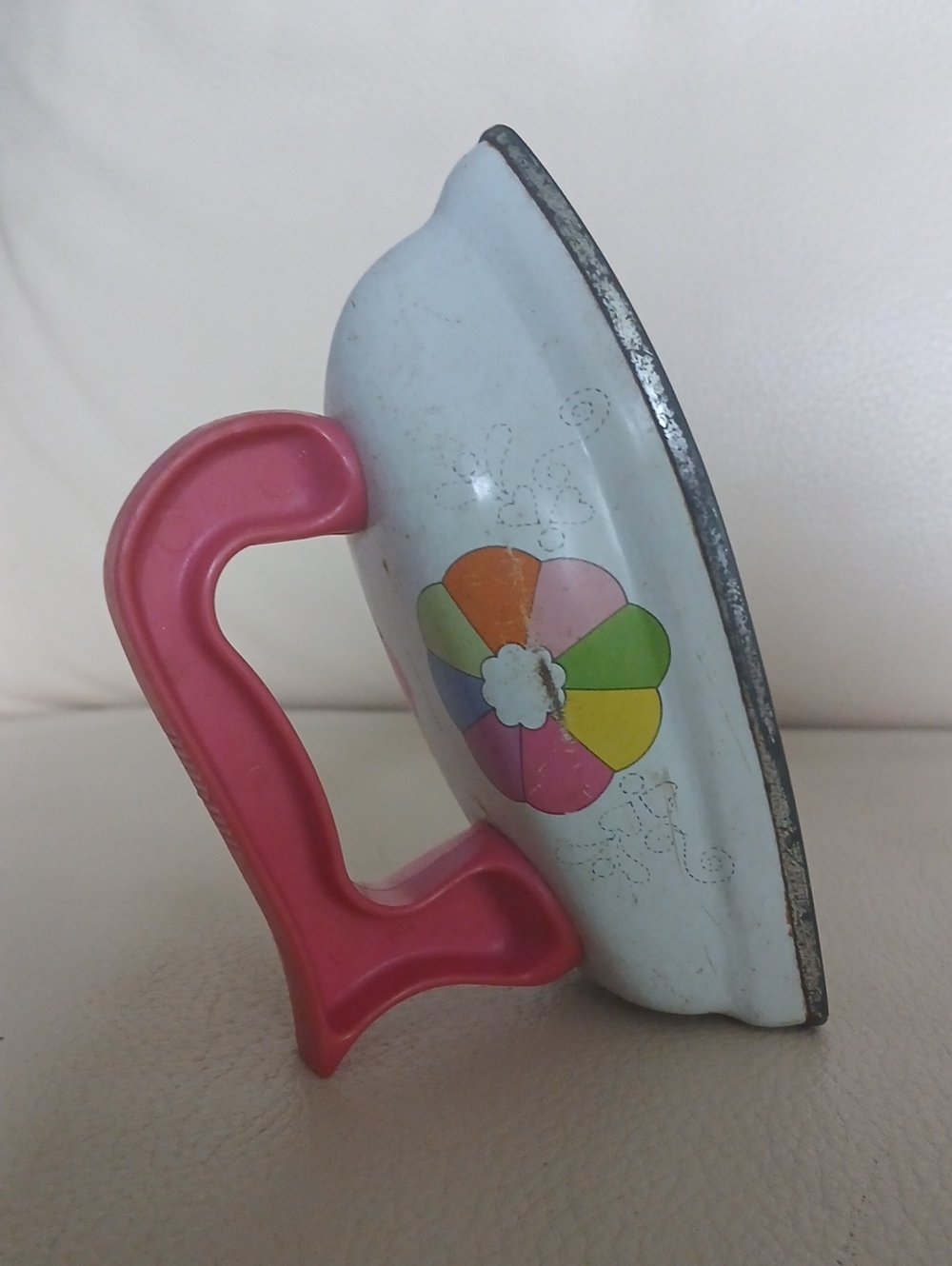 Vintage White Metal Toy Iron with Pink Handle